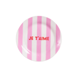 Assiette rayée jaune Merci en porcelaine 19 cm avec motif pastel et inscription décorative