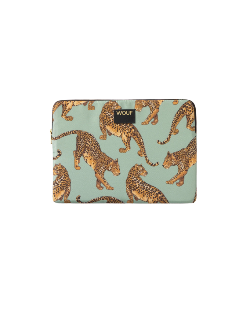 Housse d’ordinateur léopard émeraude 13-14 pouces en tissu recyclé avec fermeture zip et protection rembourrée