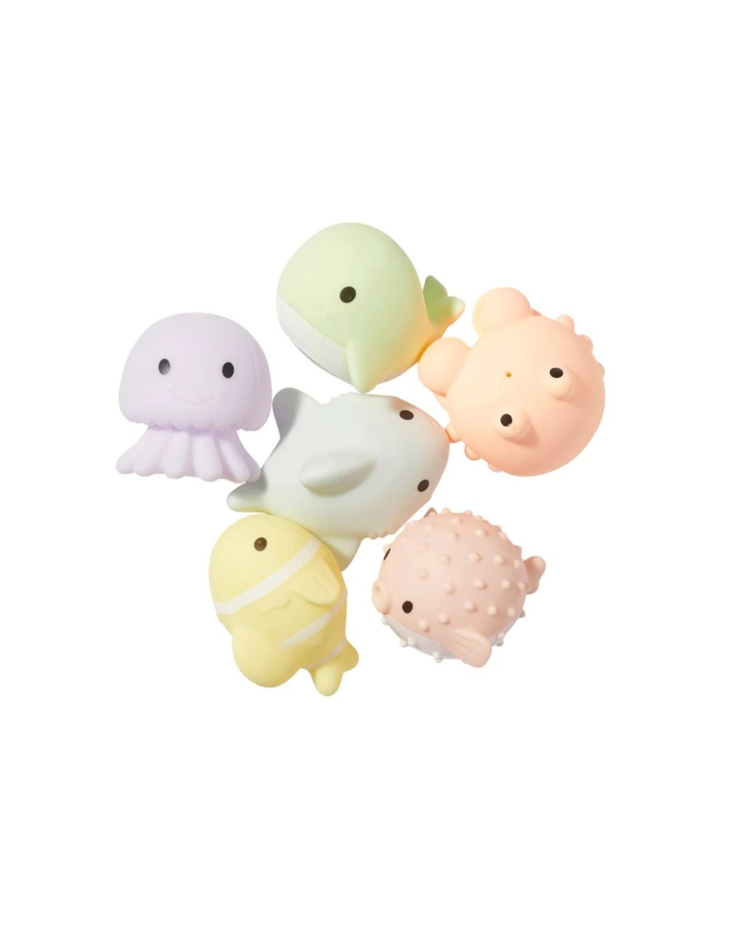 Set de 6 jouets de bain flottants pour enfants en PVC coloré, parfaits pour les jeux d’eau et le bain.