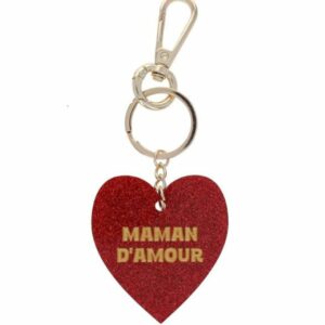 Porte-clés cœur rouge à paillettes Maman d’amour en résine