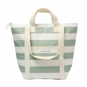 Sac isotherme rayures menthe pliable 23L avec poignées coton pour boissons et repas frais
