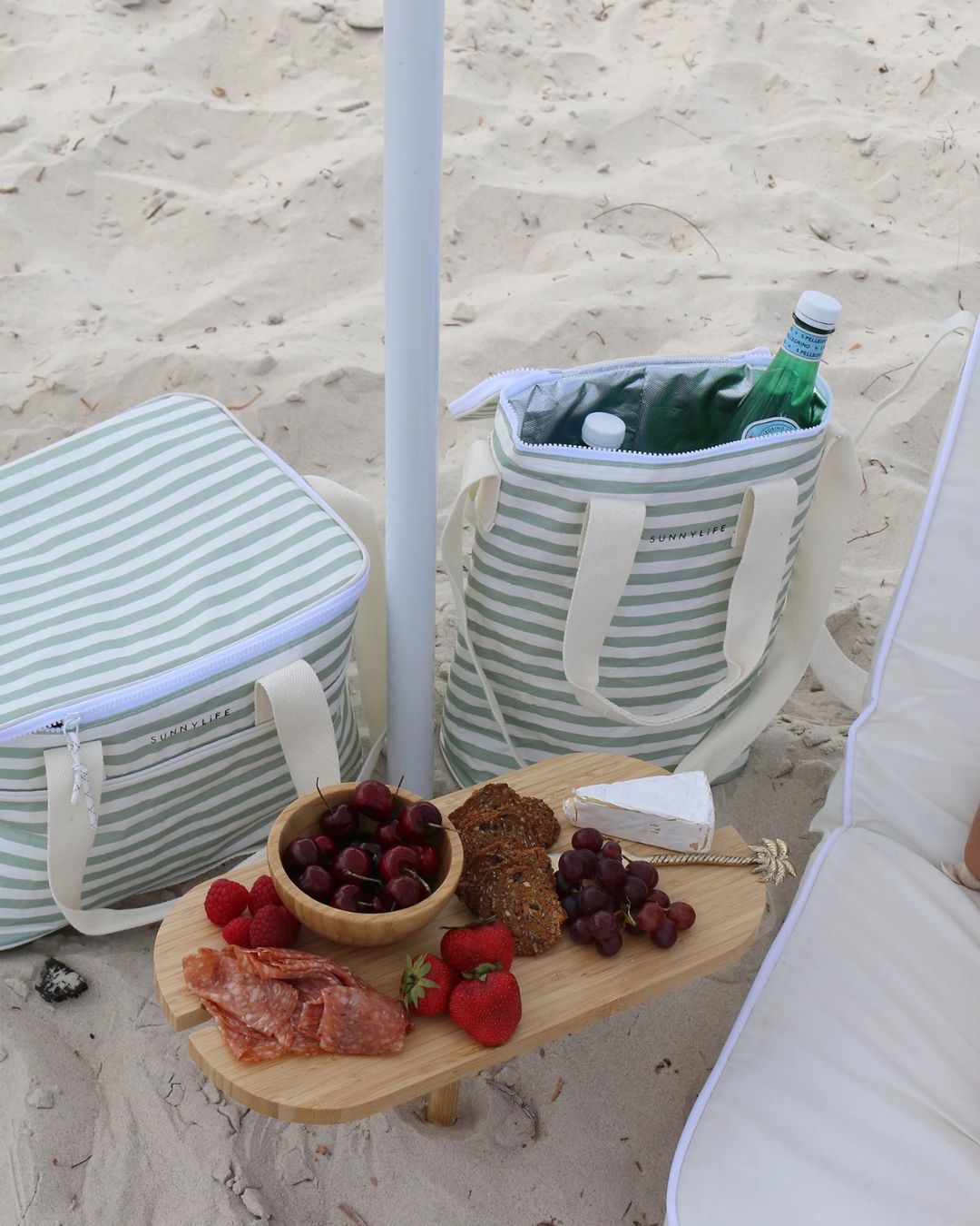 Sac isotherme rayures menthe pliable 23L avec poignées coton pour boissons et repas frais