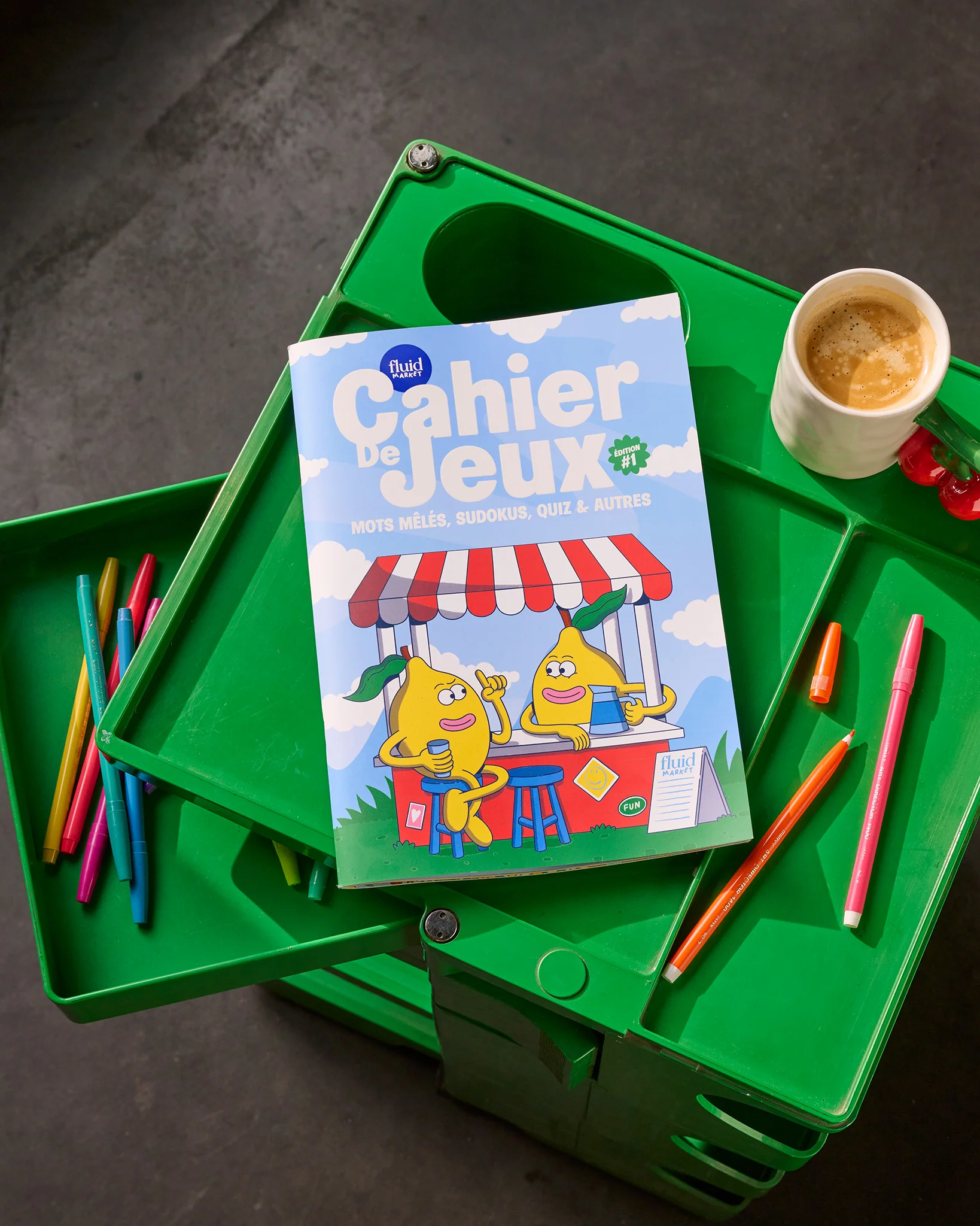 Cahier de jeux Fluid Market et Dirtypote avec activités en français.