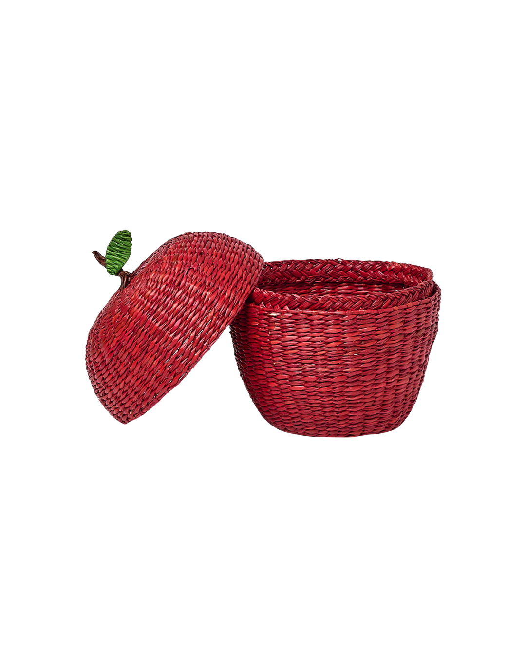 Boîte panière en paille rouge en forme de pomme tressée à la main avec couvercle.