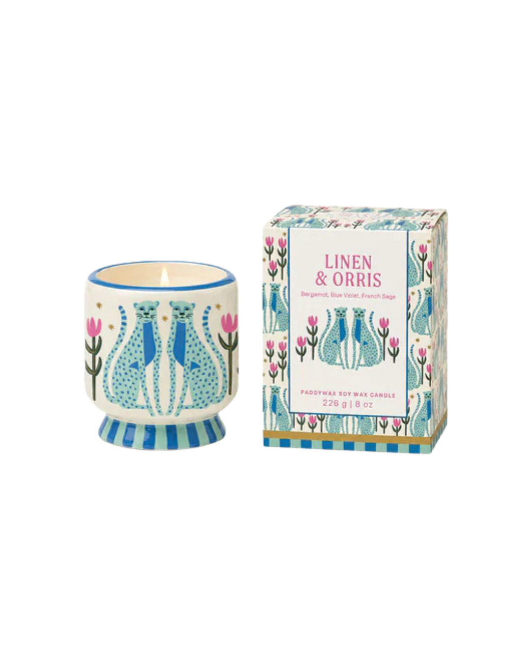 Bougie céramique A Dopo Paddywax décorée de guépards bleus parfum Lin & Iris.