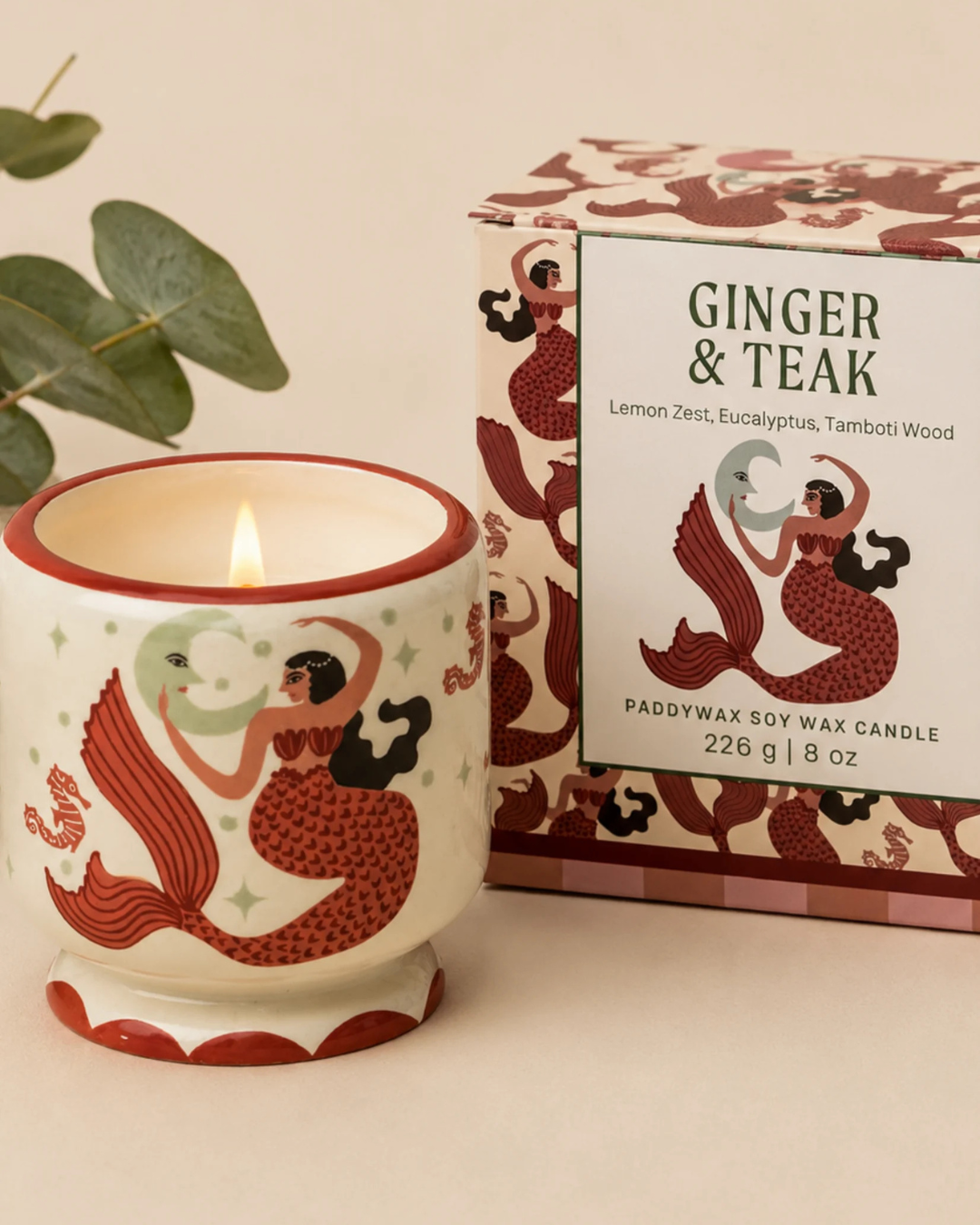Bougie Paddywax Mermaid & Moon en céramique illustrée parfum Gingembre et Teck.