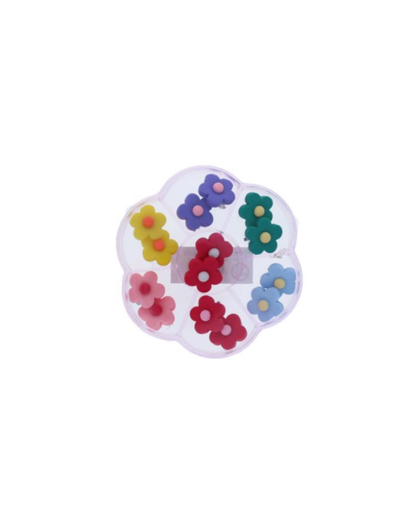Boîte à bijoux en forme de fleur avec 7 paires de boucles d'oreilles à clips colorées.