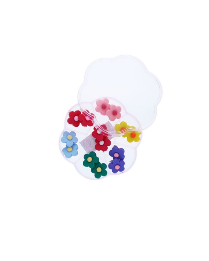 Boîte à bijoux en forme de fleur avec 7 paires de boucles d'oreilles à clips colorées.