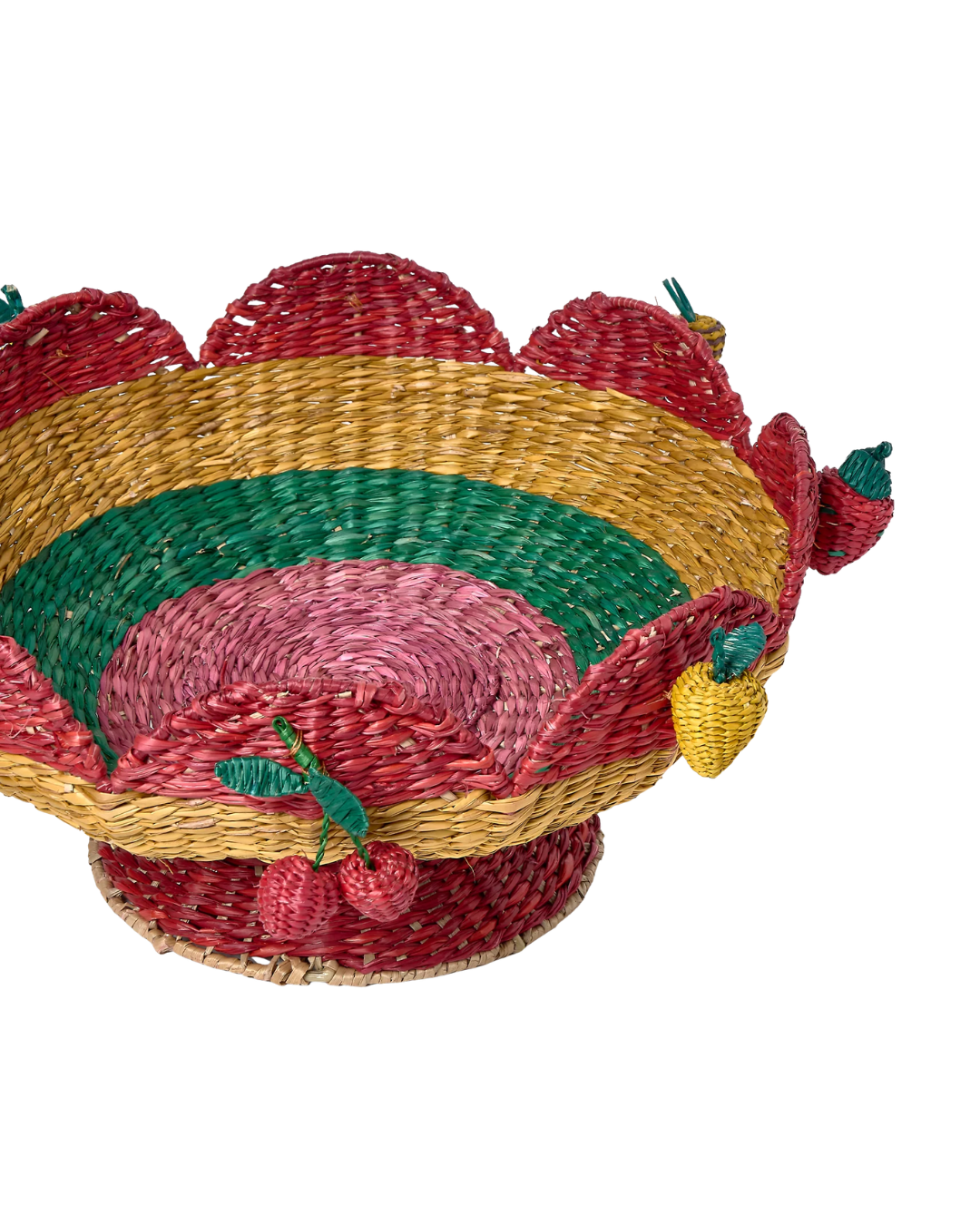Centre de table cerise sur pied en fibre végétale tressée pour décoration de table.