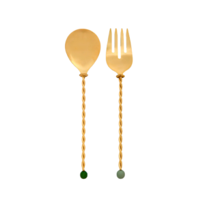 Couverts à salade en acier doré de 31 cm avec manches torsadés et perles en résine colorée.