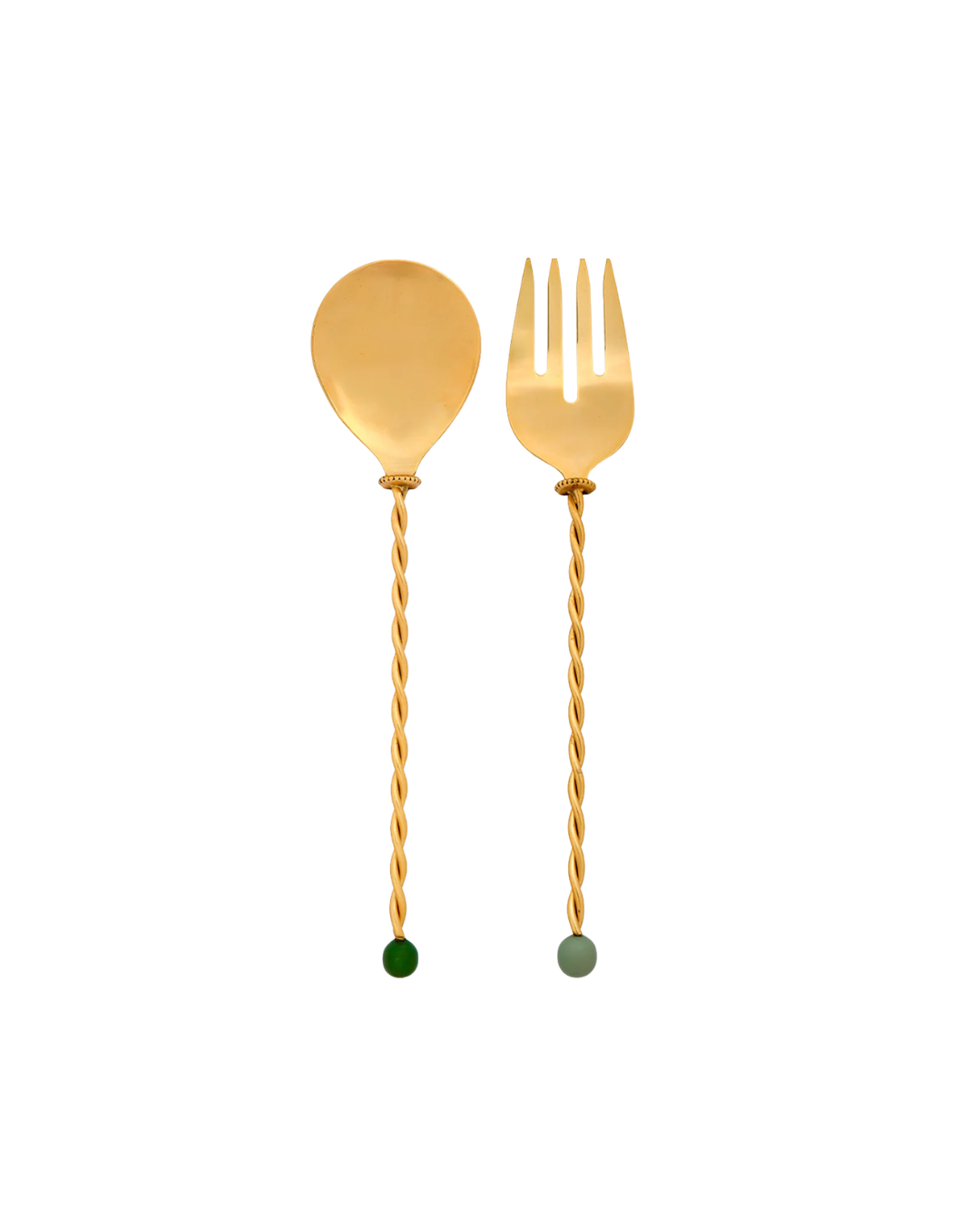 Couverts à salade en acier doré de 31 cm avec manches torsadés et perles en résine colorée.