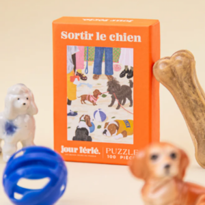 Mini puzzle 100 pièces Sortir le Chien illustrant une promenade avec un chien.