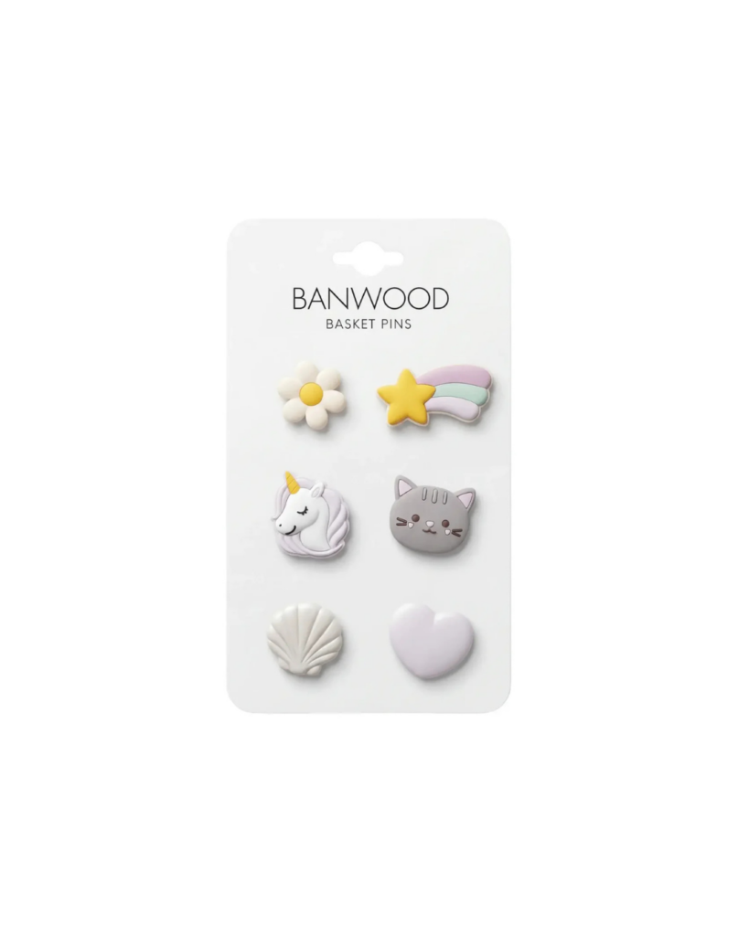 Pins décoratifs Banwood en caoutchouc recyclé pour personnaliser un panier Pin & Ride.