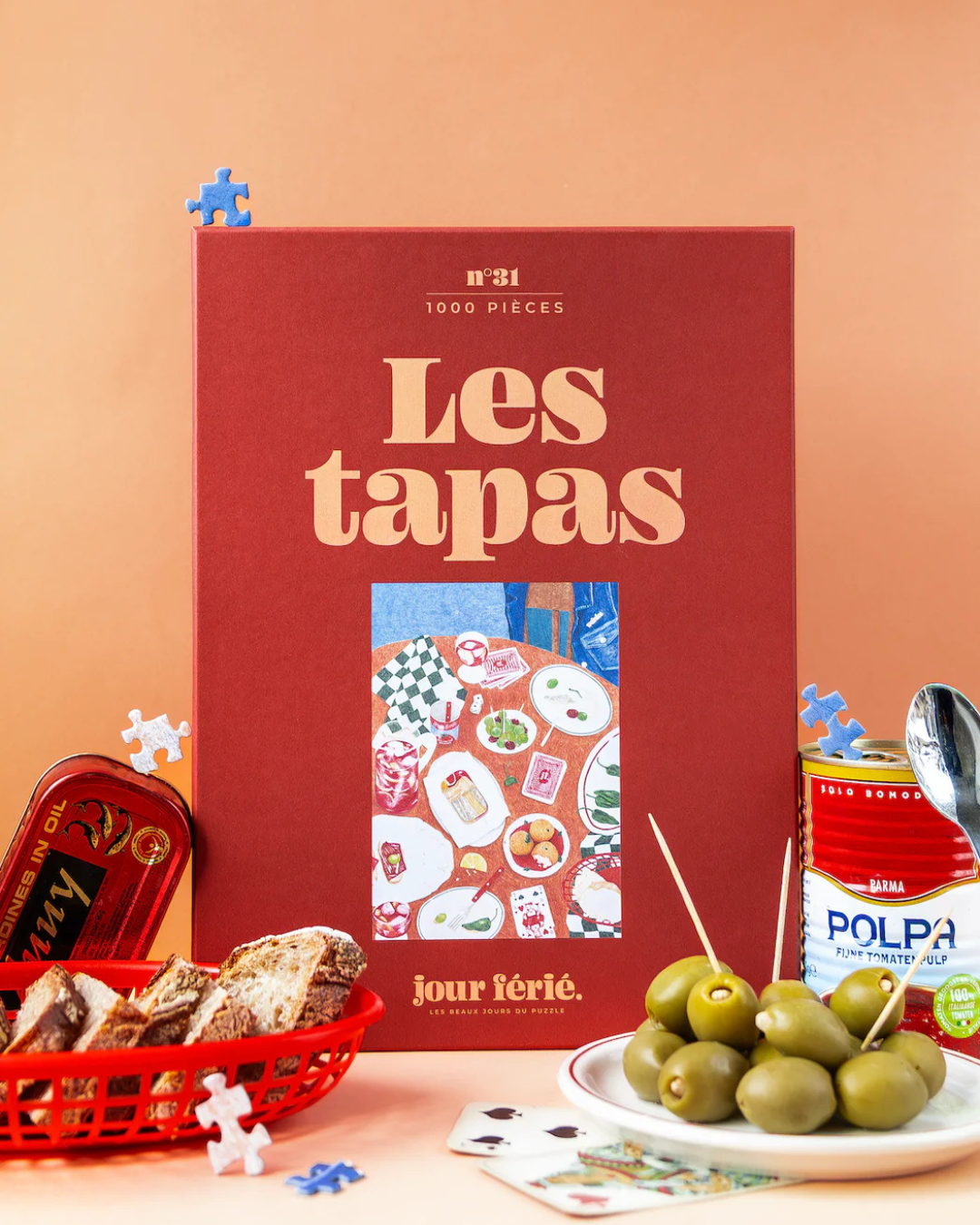 Puzzle 1000 pièces Les Tapas Jour Férié représentant une table garnie de tapas et de spécialités espagnoles.