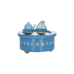 Boîte à musique en bois avec petit navire et baleine pour chambre de bébé.