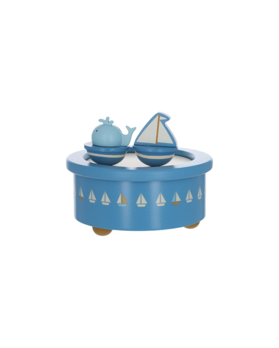 Boîte à musique en bois avec petit navire et baleine pour chambre de bébé.