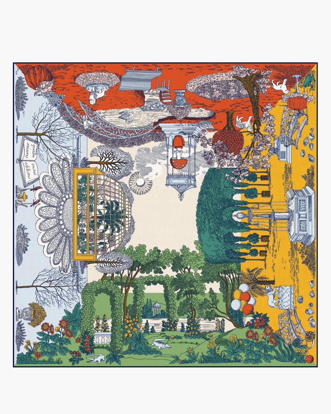 Carré 100 Quatre Saisons Naturel Inoui Editions en soie et modal 100 × 100 cm avec imprimé artistique inspiré des quatre saisons.