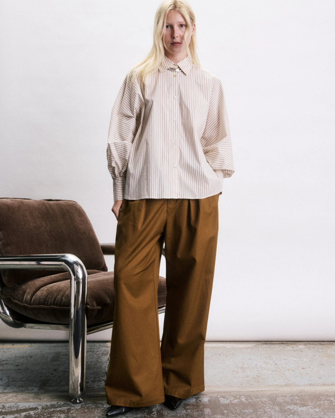 Chemise Drake crème femme oversize à fines rayures