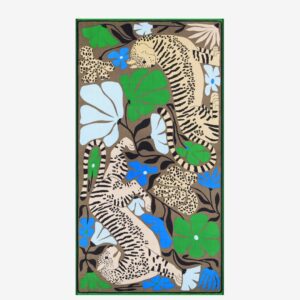 Écharpe Pantéo Kaki Inoui Editions en 100 % laine, format 100 × 190 cm, avec motif artistique de tigres et végétation.