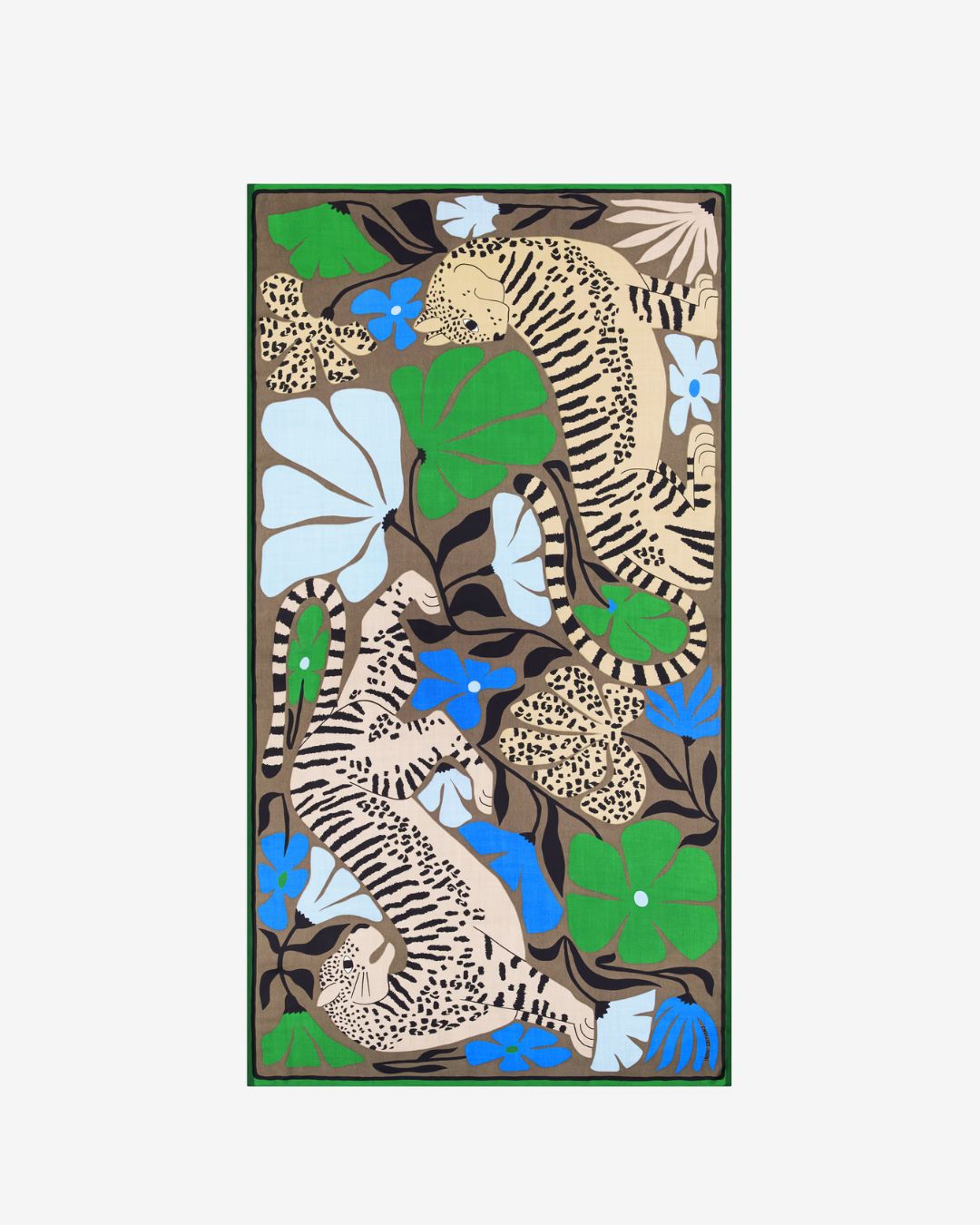 Écharpe Pantéo Kaki Inoui Editions en 100 % laine, format 100 × 190 cm, avec motif artistique de tigres et végétation.