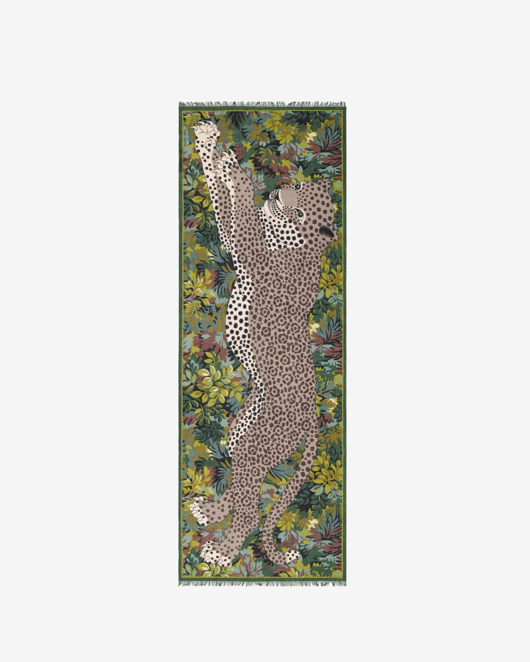 Écharpe Mike Kaki Inoui Editions en 100 % laine lavable, format 70 × 190 cm, avec imprimé artistique représentant une panthère.