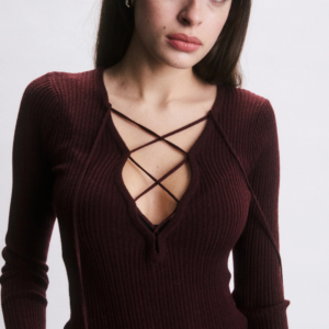 Pull Ernest bordeaux femme col V à laçage