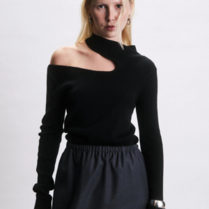 Top Harry noir femme en maille côtelée asymétrique
