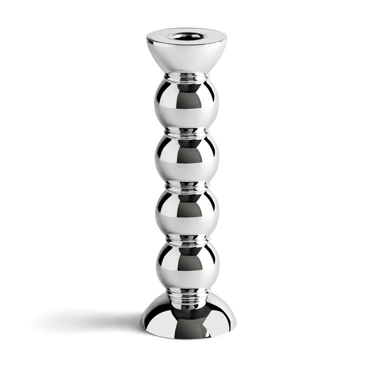 Grand bougeoir Addison Ross Bobbin Chrome 23 cm, empilement de formes arrondies effet chrome, sur fond blanc