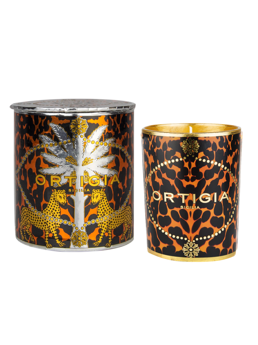 Bougie parfumée Ambra Nera Ortigia Sicilia 150 g dans son verre décoré