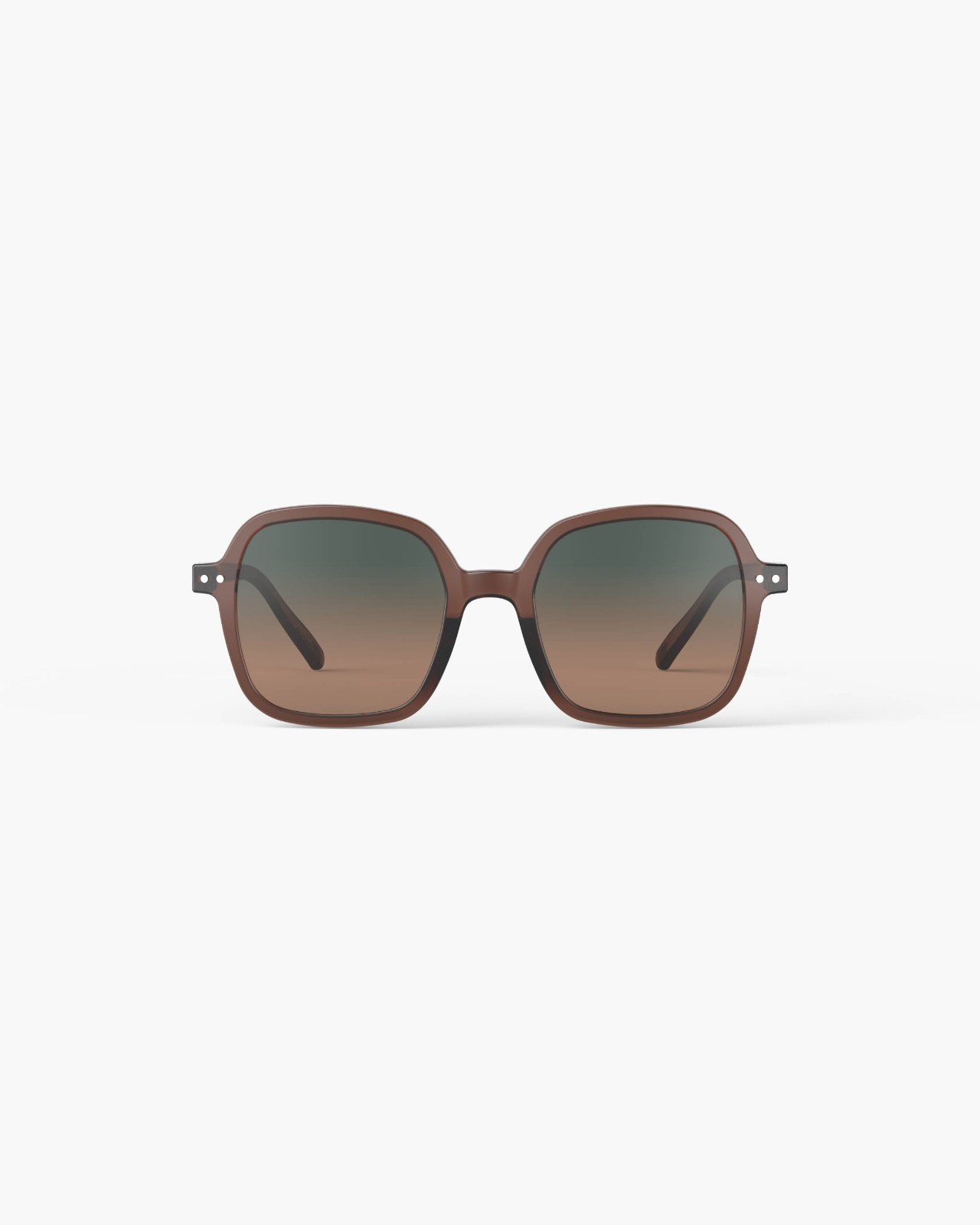 Lunettes de soleil Izipizi OFFICE Dark Expresso, monture brun profond translucide et verres dégradés marron à gris, vue de face sur fond blanc