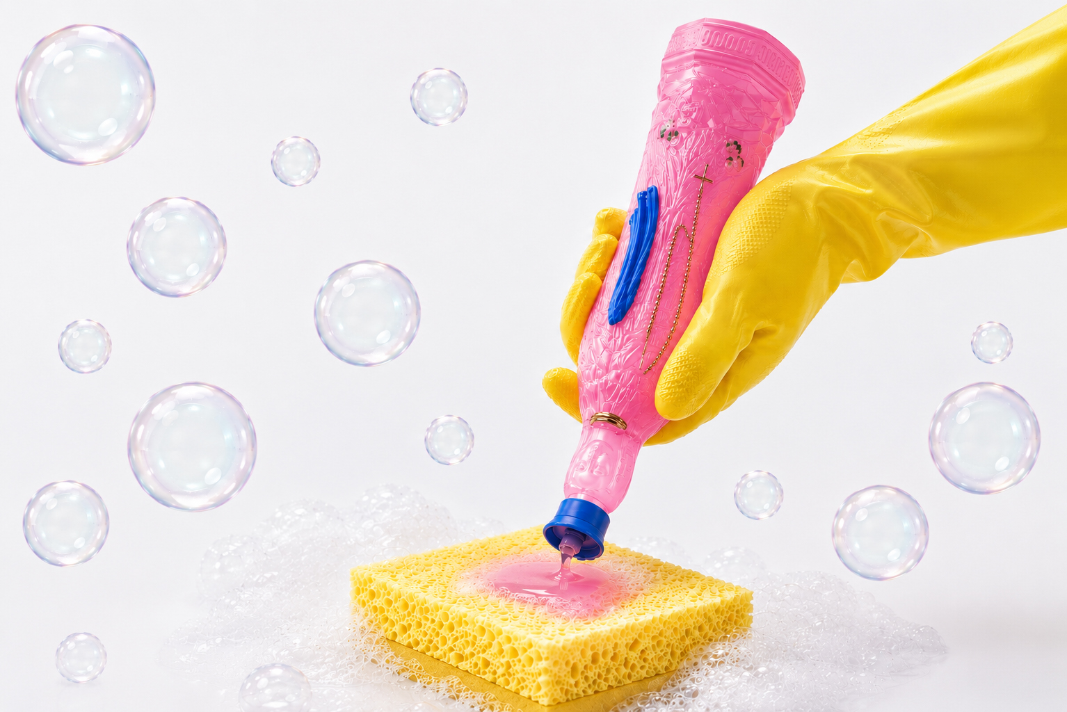 Main gantée de jaune versant du liquide vaisselle rose depuis le distributeur Vierge Miracle sur une éponge